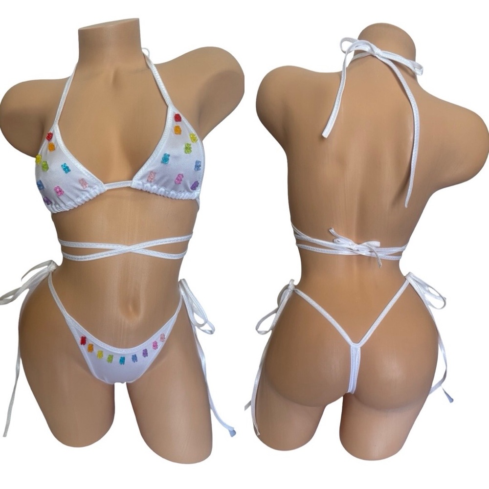 Sexy & fun  White Bikini with Multicolor 3d gummy bear  Details